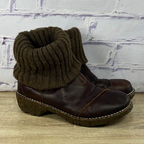El Naturalista Yggdrasil Brown Leather Sweater Cuff Ankle Boots Women's 39 US 6 - Picture 1 of 8